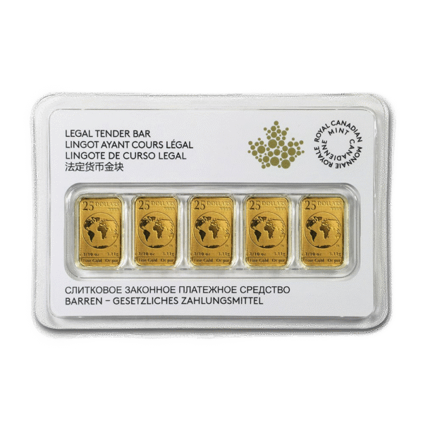 1/2 oz Royal Canadian Mint Legal Tender Gold Bars (Set of 5 x 1/10 oz, Any Year)